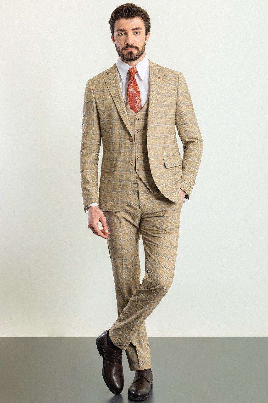 Beige Modern Slim Fit Three-Piece Suit