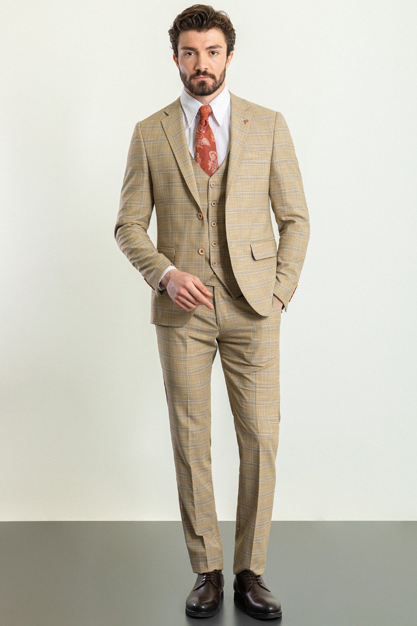 Beige Modern Slim Fit Three-Piece Suit
