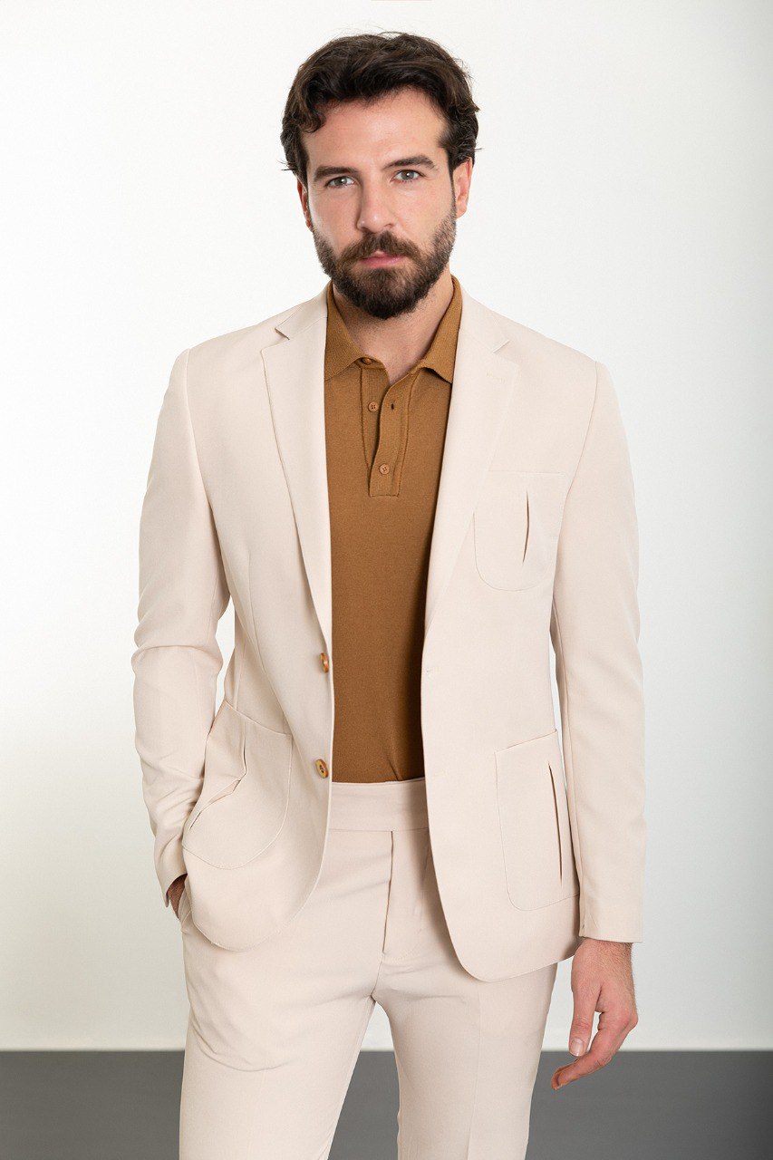 Beige Modern Slim Fit Two-Piece Suit