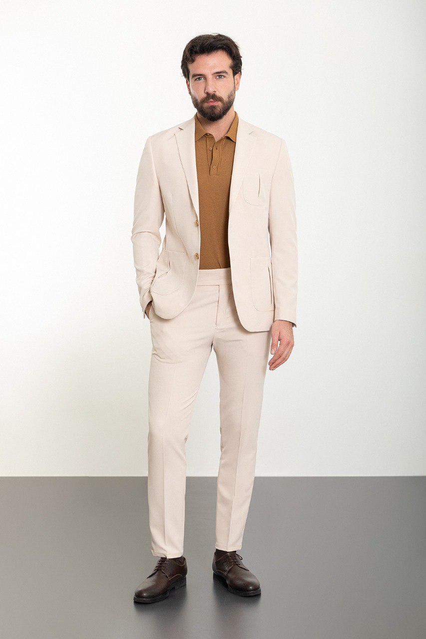 Beige Modern Slim Fit Two-Piece Suit