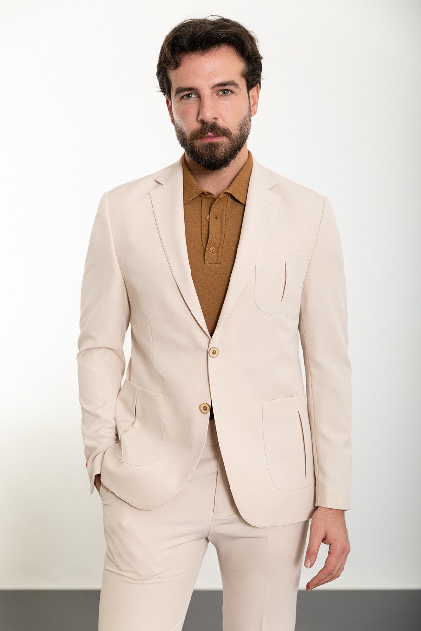 Beige Modern Slim Fit Two-Piece Suit