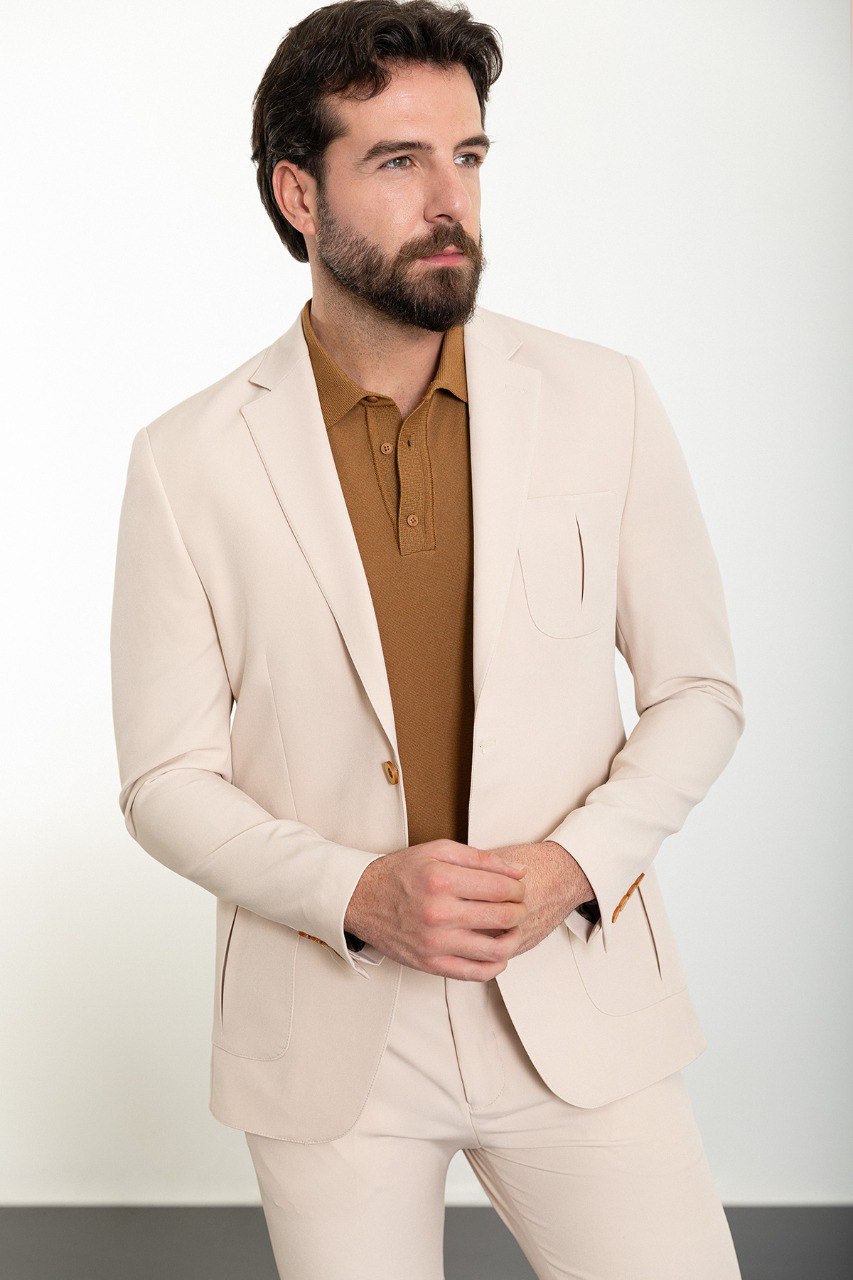 Beige Modern Slim Fit Two-Piece Suit