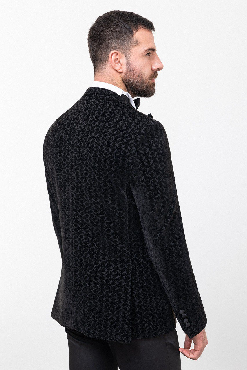 Black Patterned Slim Fit Tuxedo with Vest