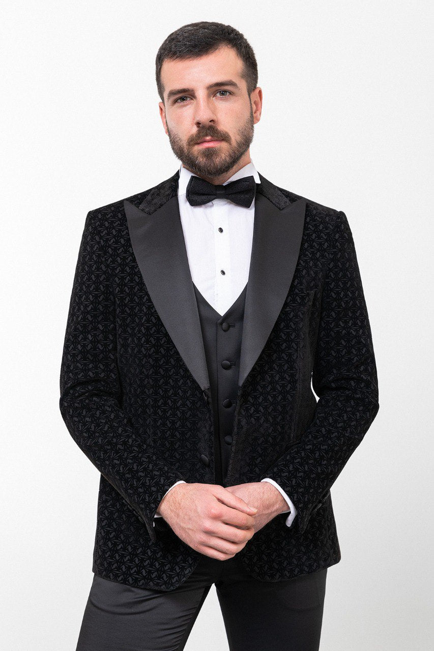 Black Patterned Slim Fit Tuxedo with Vest