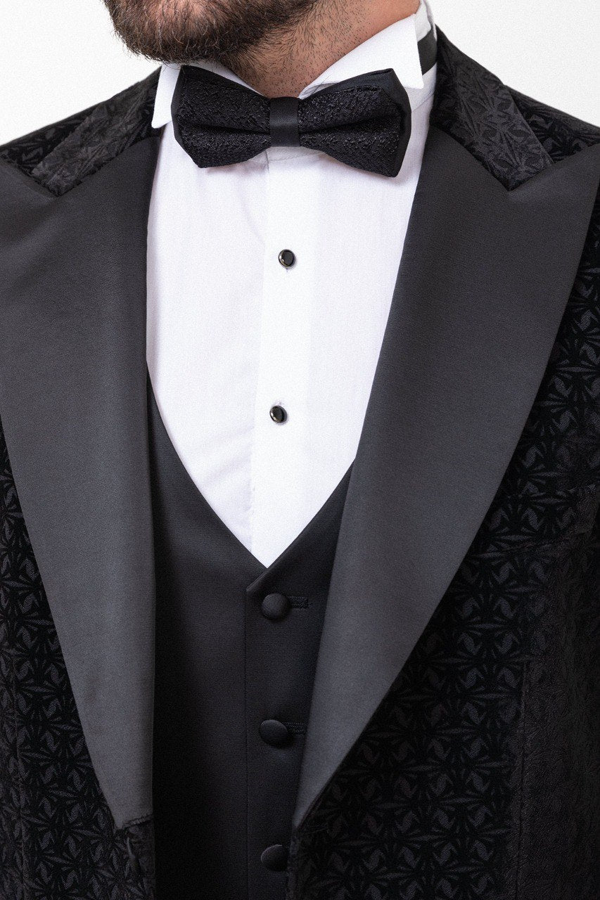 Black Patterned Slim Fit Tuxedo with Vest