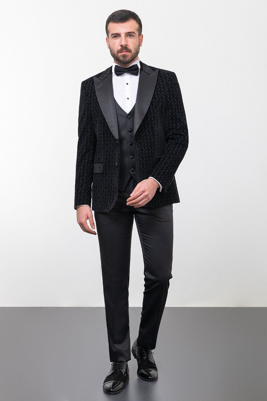 Black Patterned Slim Fit Tuxedo with Vest