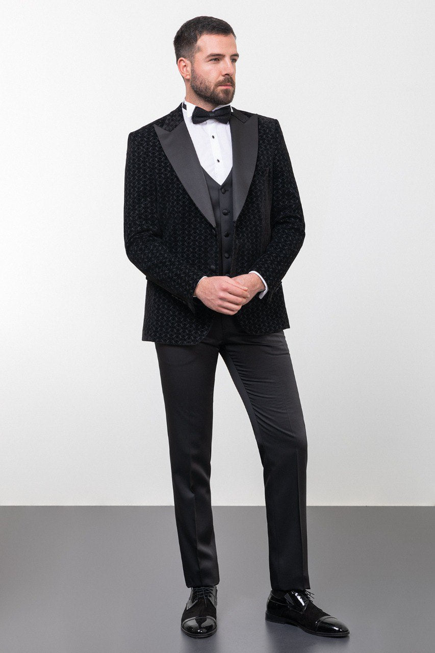 Black Patterned Slim Fit Tuxedo with Vest
