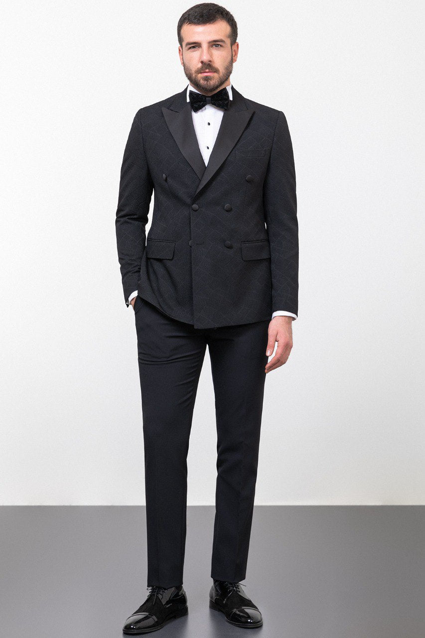 Black Patterned Double-Breasted Slim Fit Tuxedo
