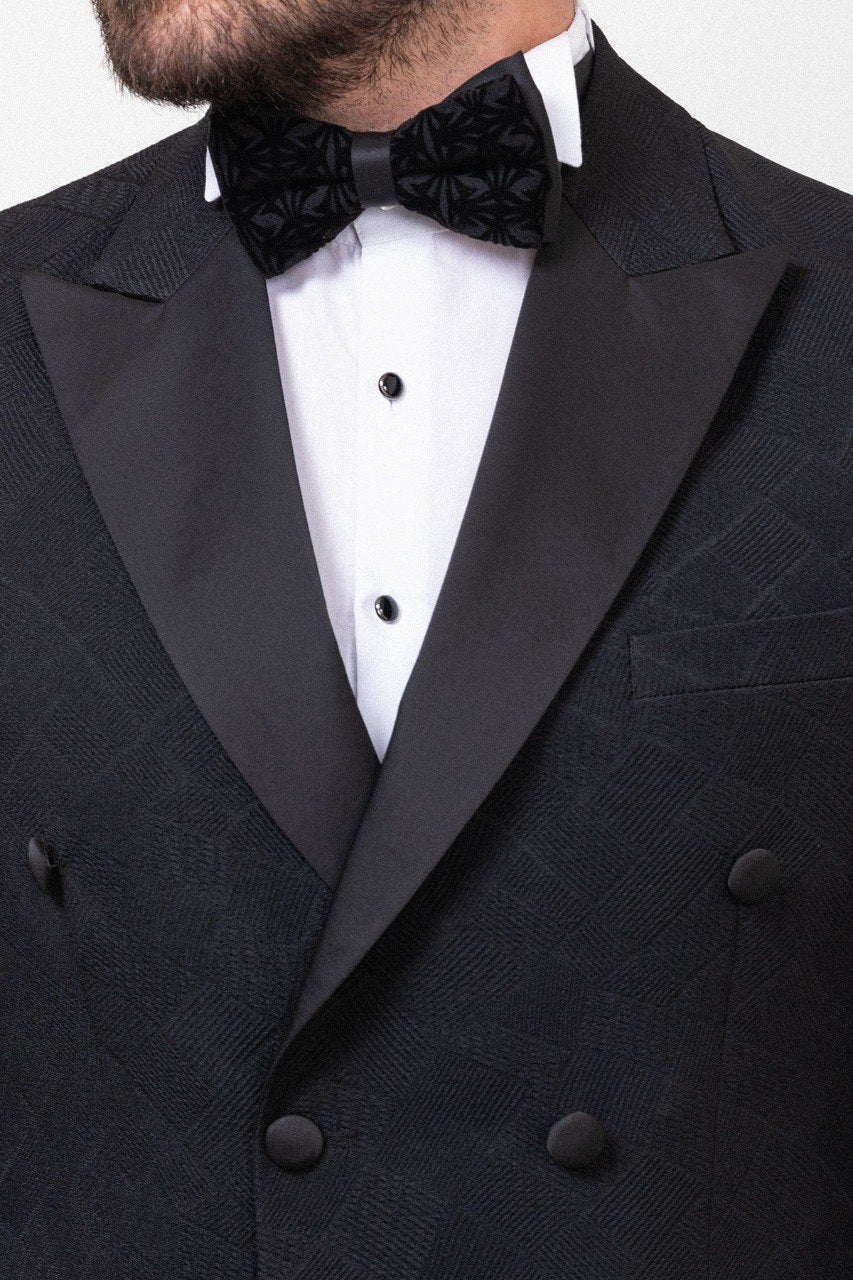 Black Patterned Double-Breasted Slim Fit Tuxedo