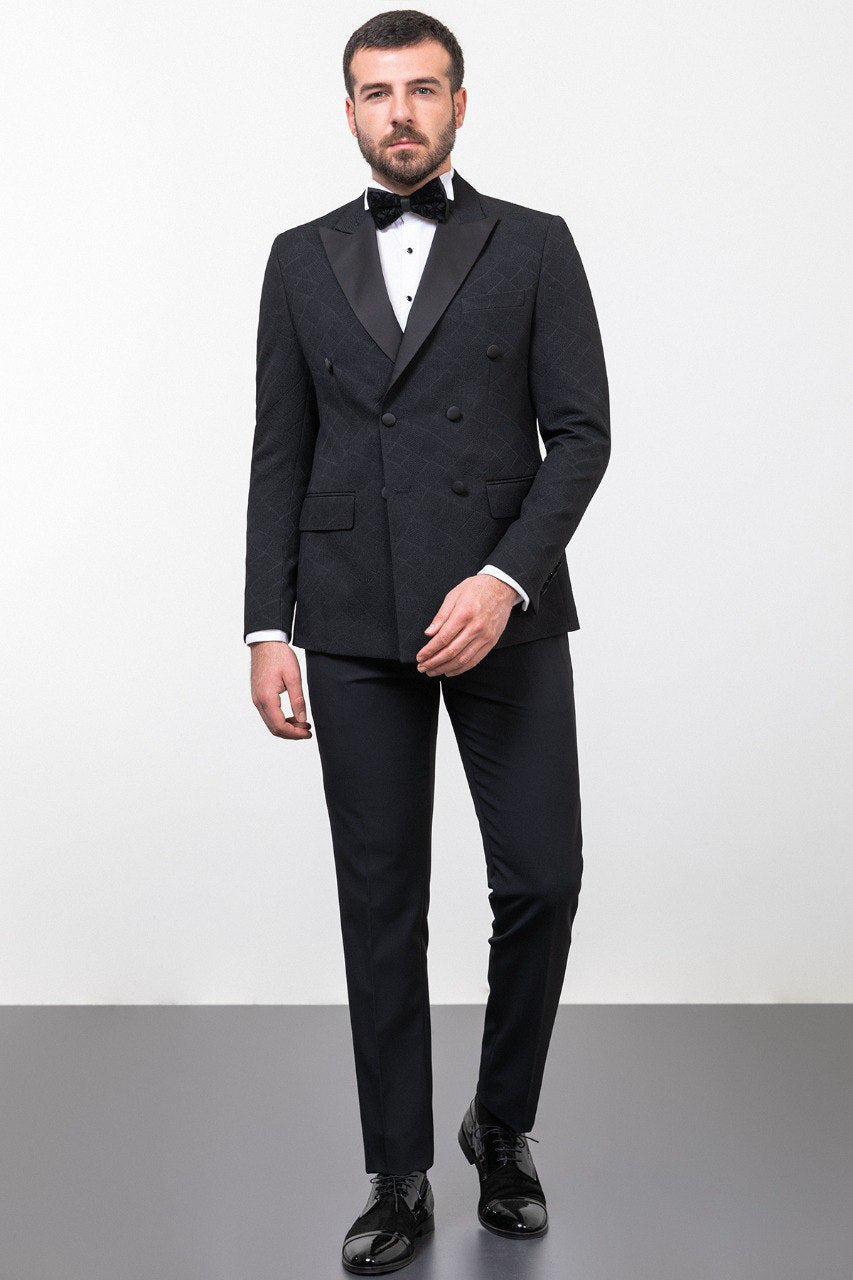 Black Patterned Double-Breasted Slim Fit Tuxedo