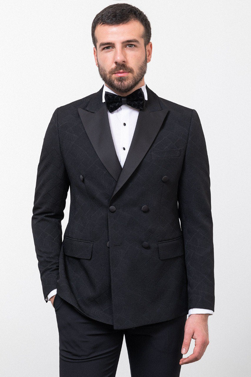 Black Patterned Double-Breasted Slim Fit Tuxedo