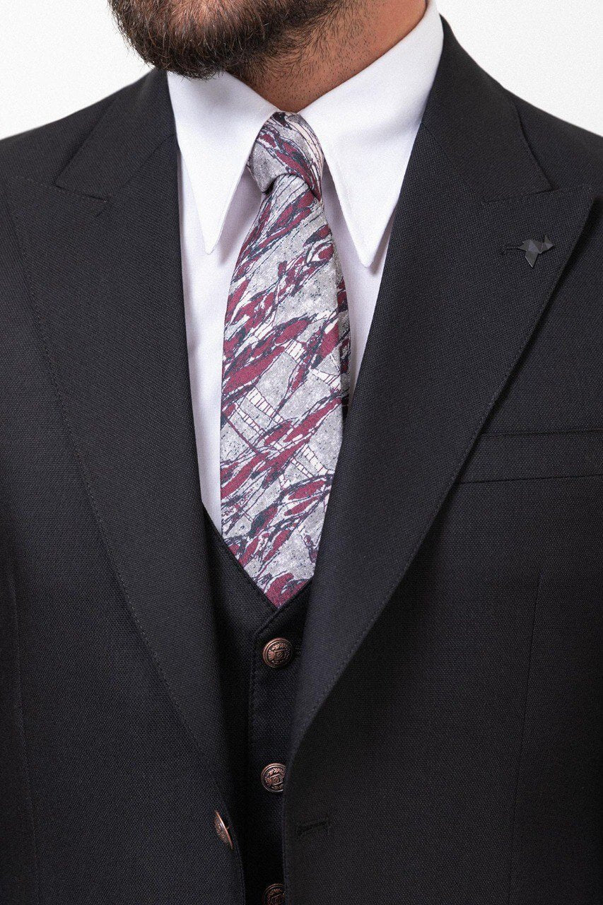 Black Textured Slim Fit Three-Piece Suit