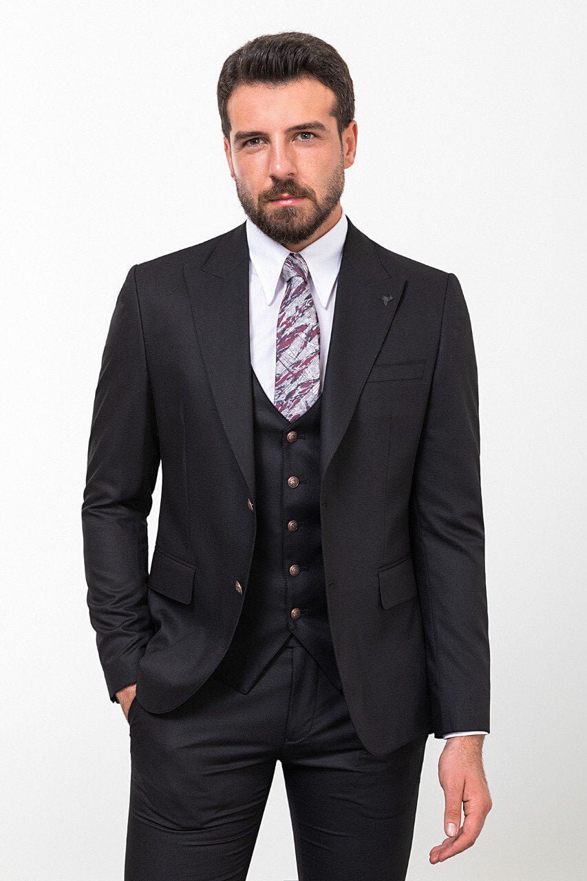 Black Textured Slim Fit Three-Piece Suit