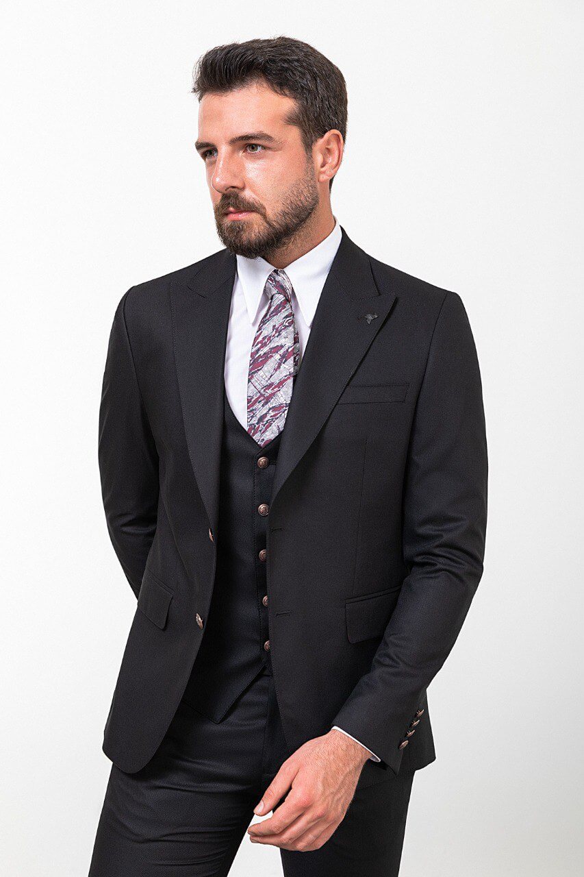 Black Textured Slim Fit Three-Piece Suit