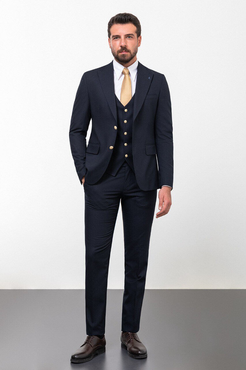 Navy Double-Breasted Slim Fit Three-Piece Suit