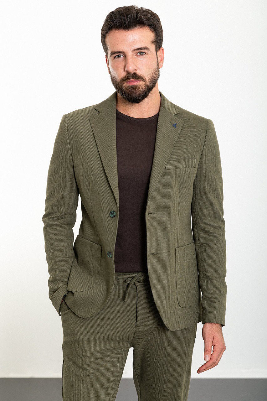 Khaki Casual Textured Slim Fit Two-Piece Suit