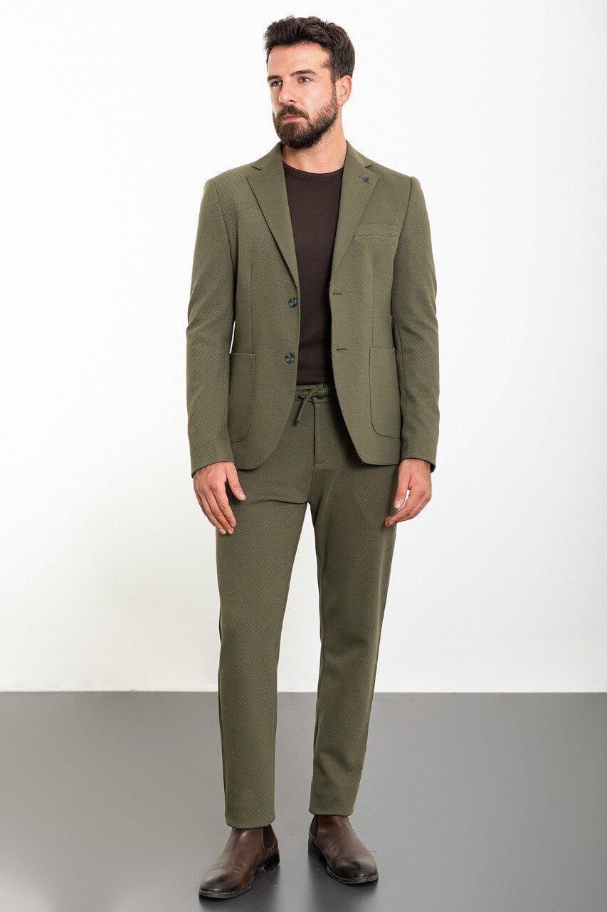 Khaki Casual Textured Slim Fit Two-Piece Suit