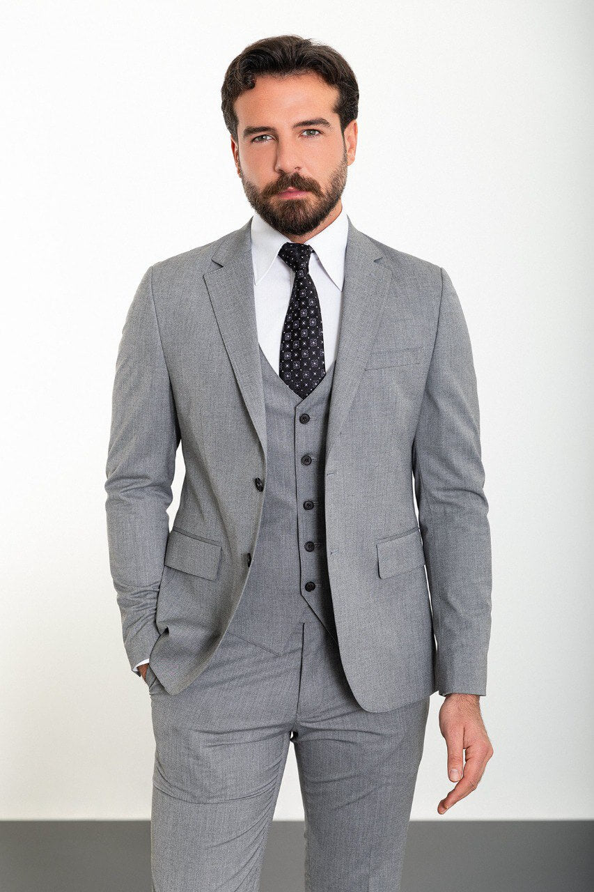 Light Gray Modern Slim Fit Three-Piece Suit