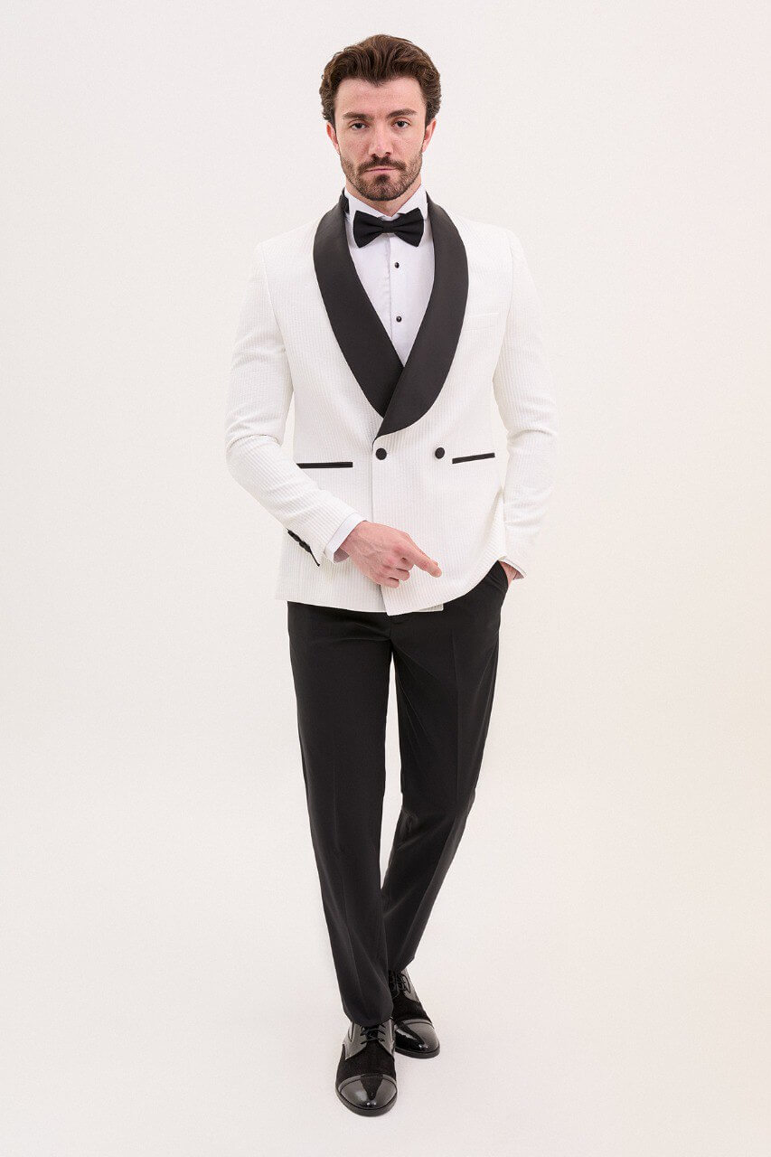 White Double-Breasted Slim Fit Tuxedo