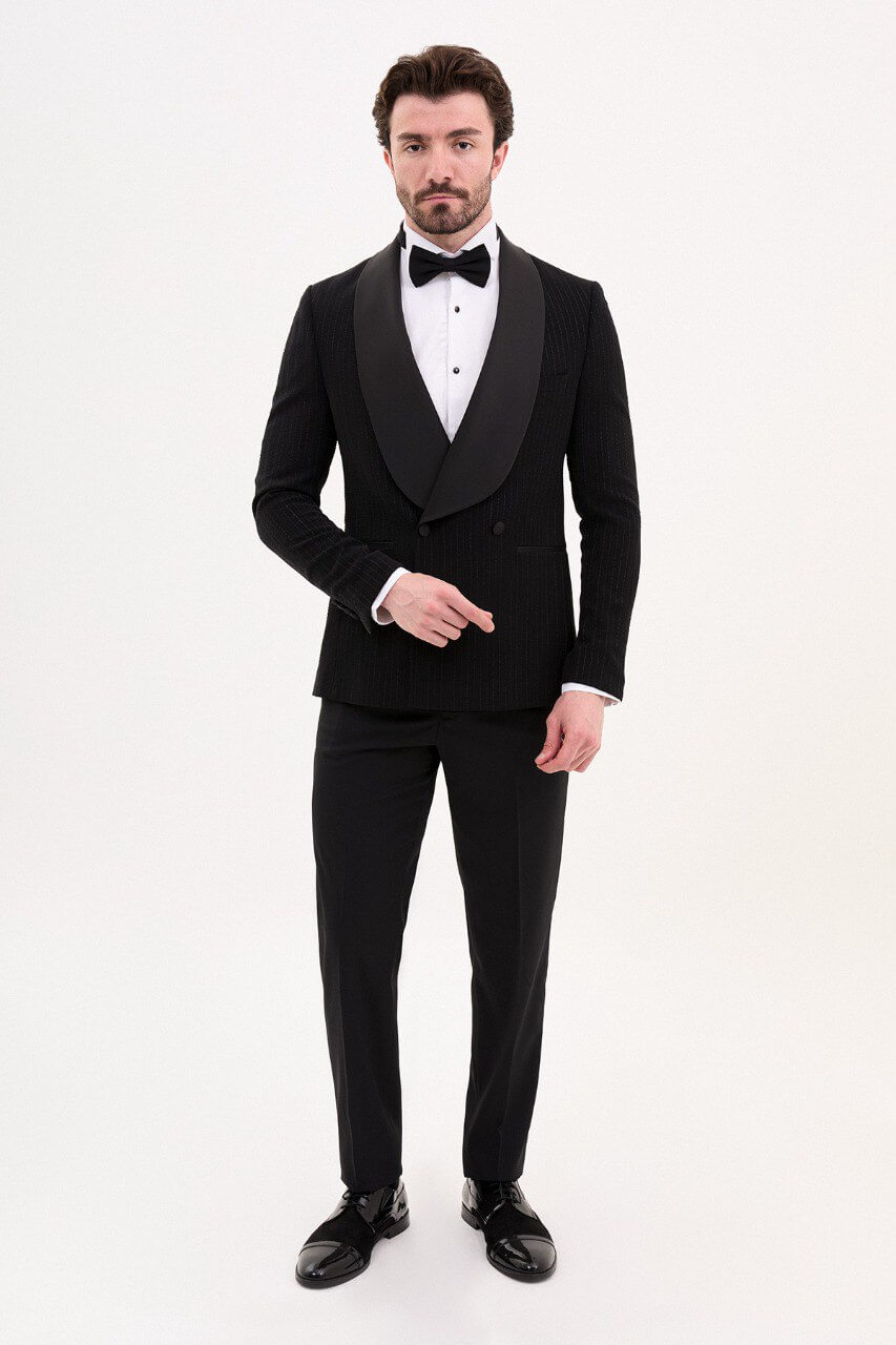 Black Patterned Double-Breasted Slim Fit Tuxedo