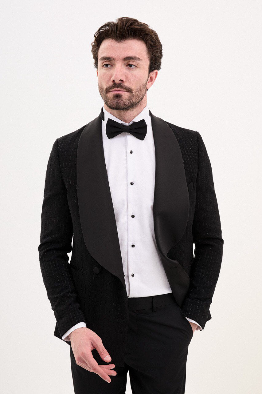 Black Patterned Double-Breasted Slim Fit Tuxedo