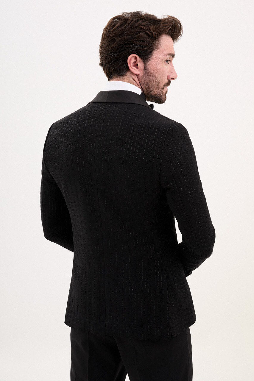 Black Patterned Double-Breasted Slim Fit Tuxedo