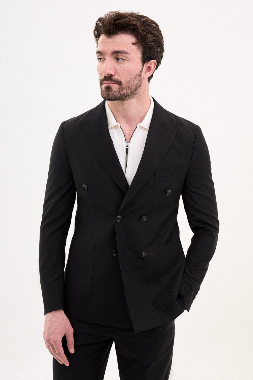 Black Double-Breasted Casual Slim Fit Two-Piece Suit