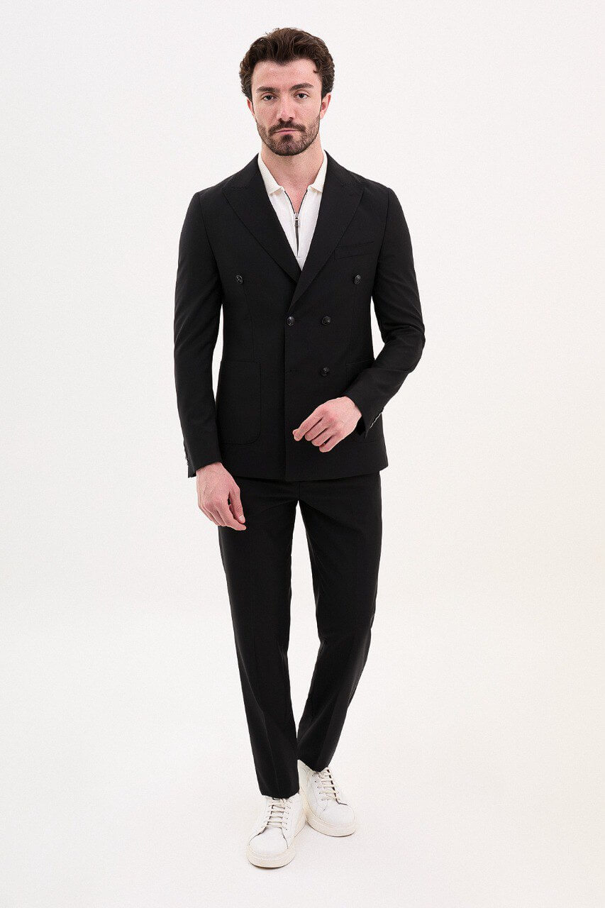 Black Double-Breasted Casual Slim Fit Two-Piece Suit