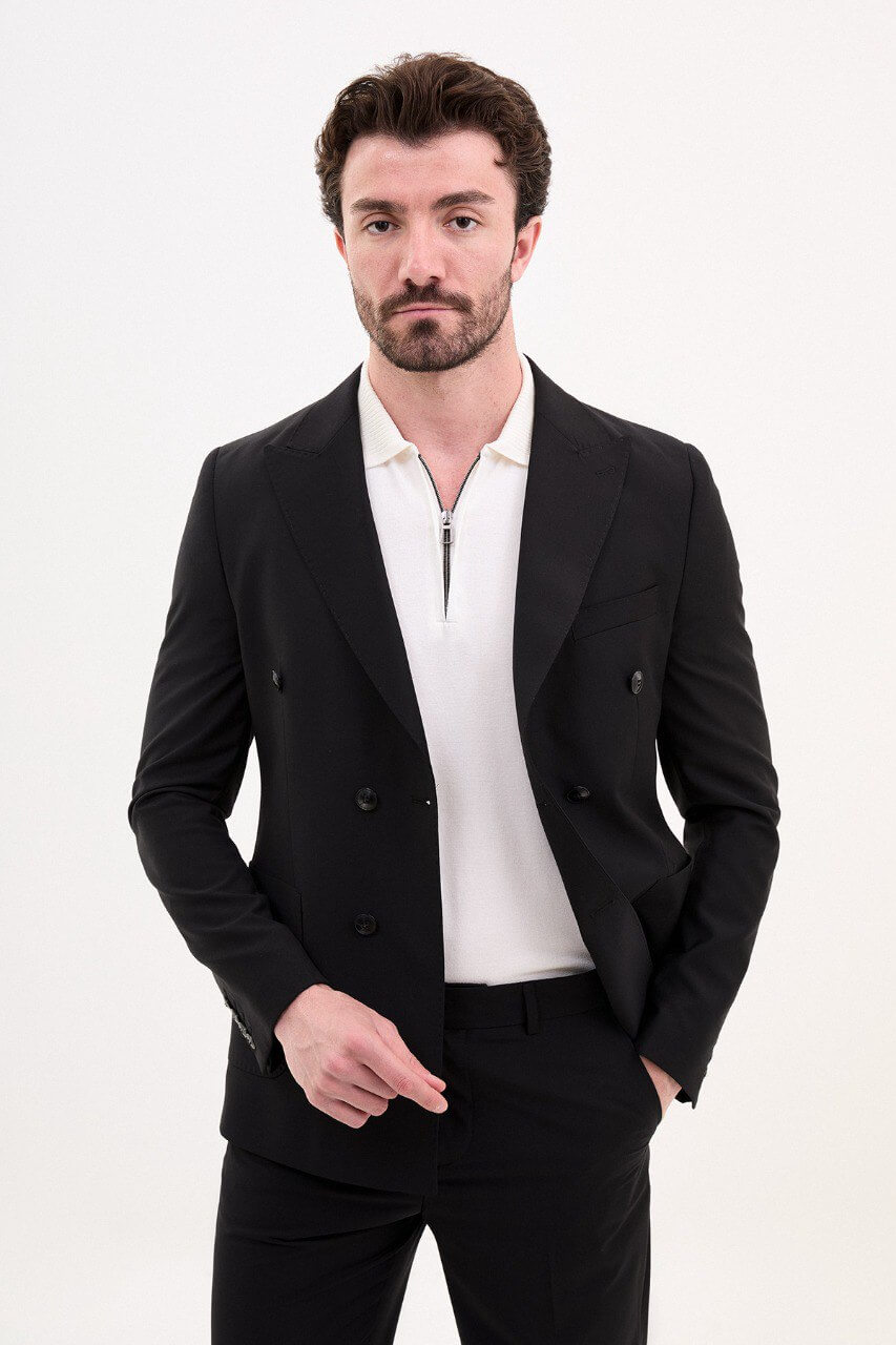 Black Double-Breasted Casual Slim Fit Two-Piece Suit