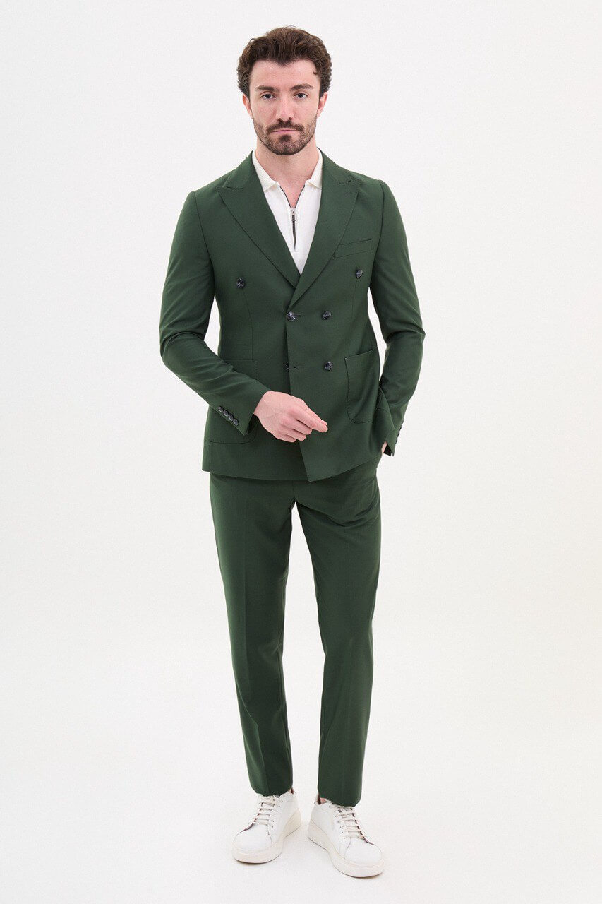 Khaki Double-Breasted Casual Slim Fit Two-Piece Suit