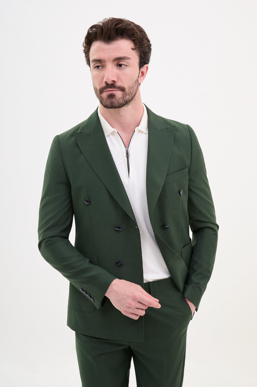 Khaki Double-Breasted Casual Slim Fit Two-Piece Suit