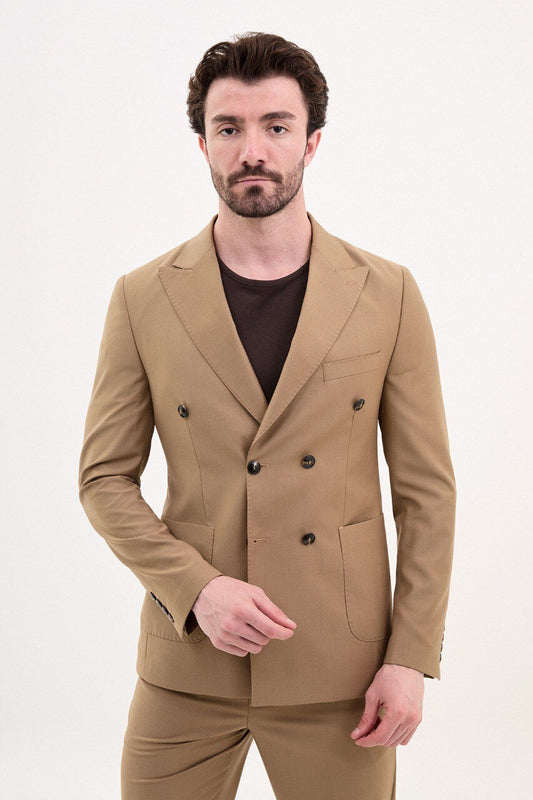 Camel Double-Breasted Casual Slim Fit Two-Piece Suit