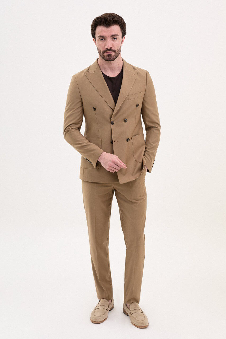 Camel Double-Breasted Casual Slim Fit Two-Piece Suit