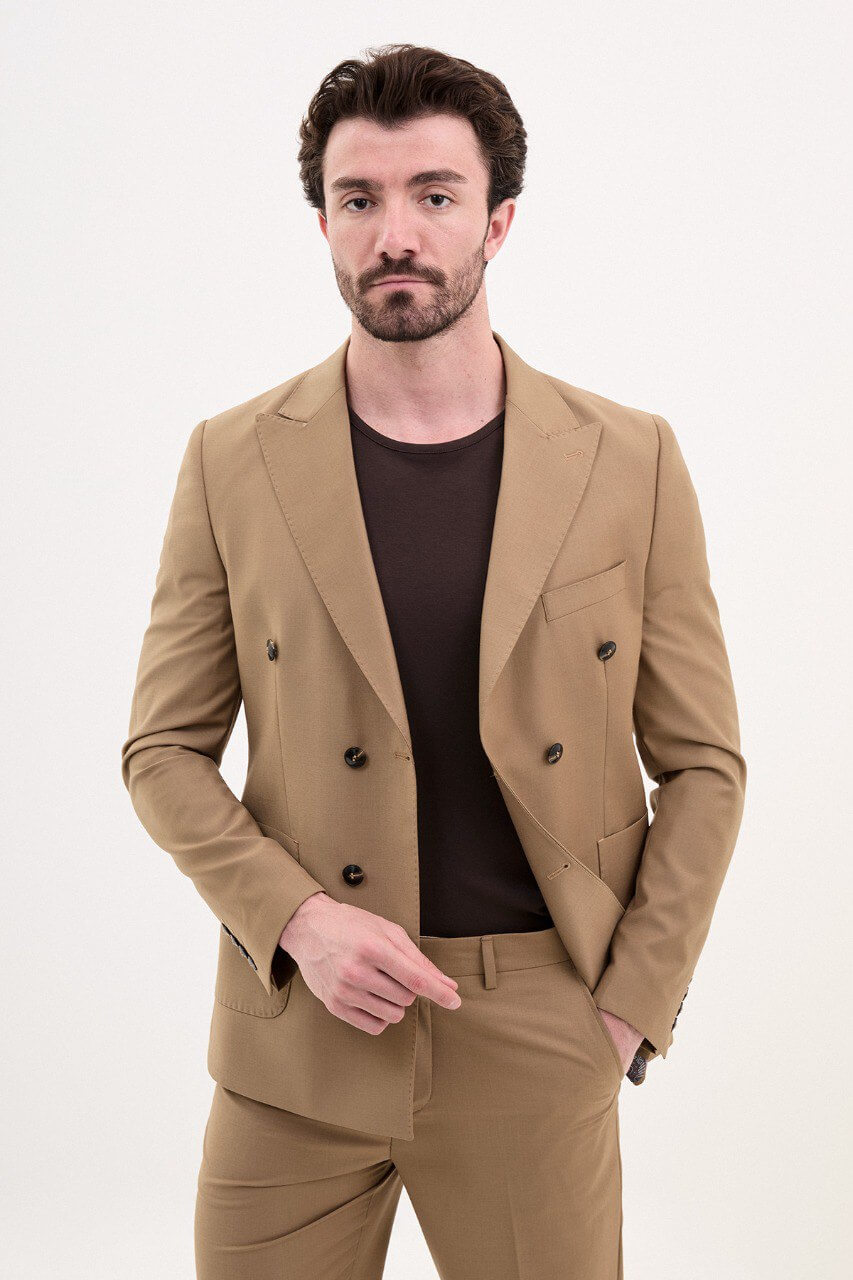 Camel Double-Breasted Casual Slim Fit Two-Piece Suit