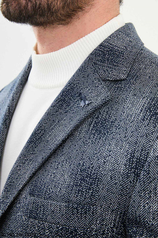 Blue Patterned Slim Fit Casual Jacket