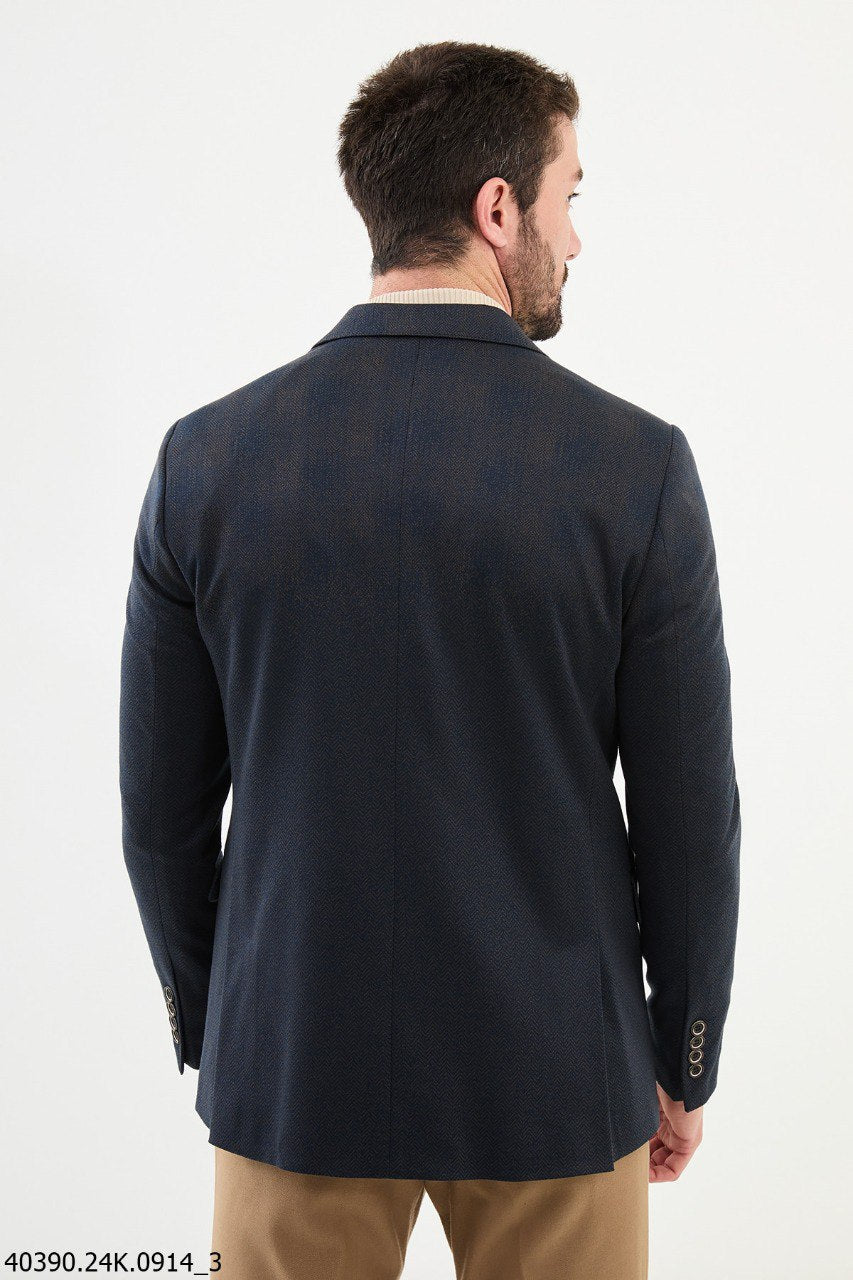 Navy Blue Slim Fit Notch Lapel Check Wool Blazer