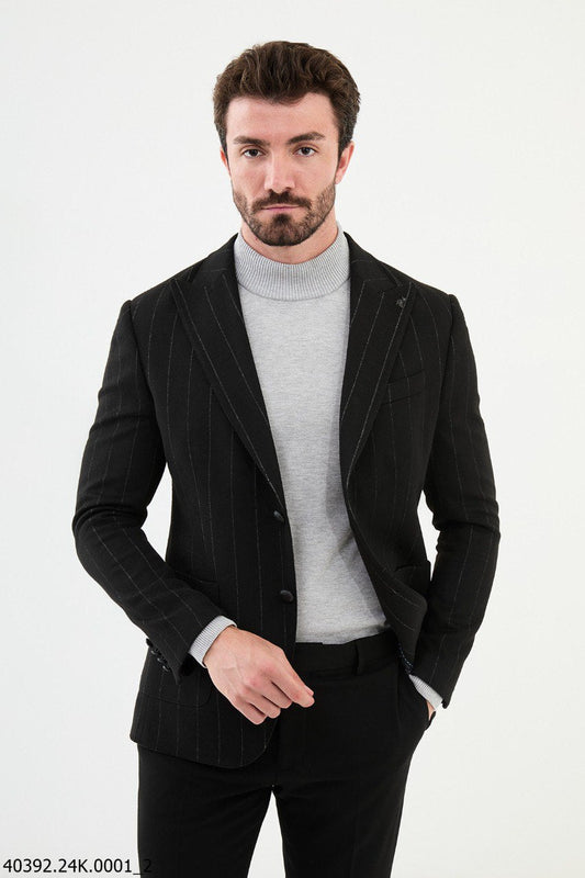 Black Pinstripe Slim Fit Casual Jacket