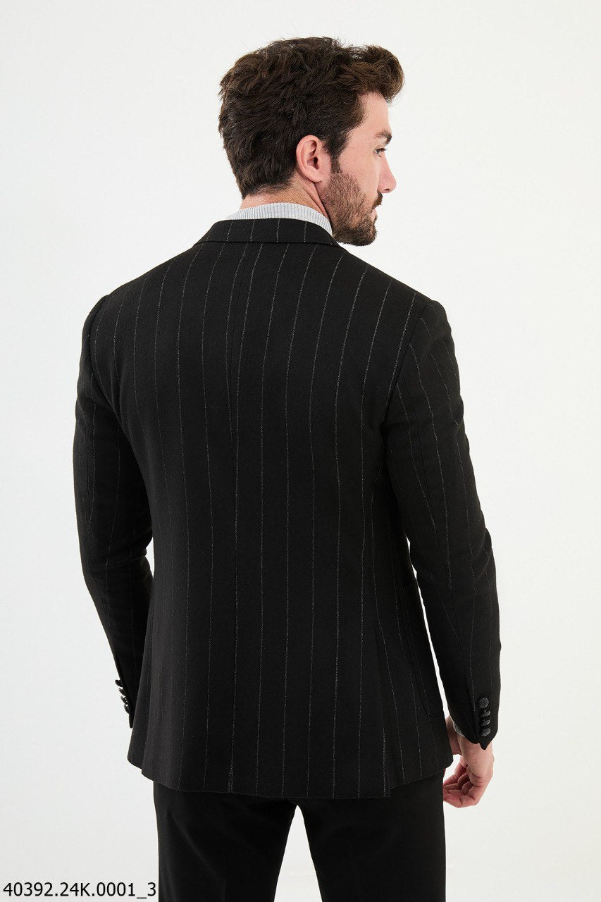 Black Pinstripe Slim Fit Casual Jacket