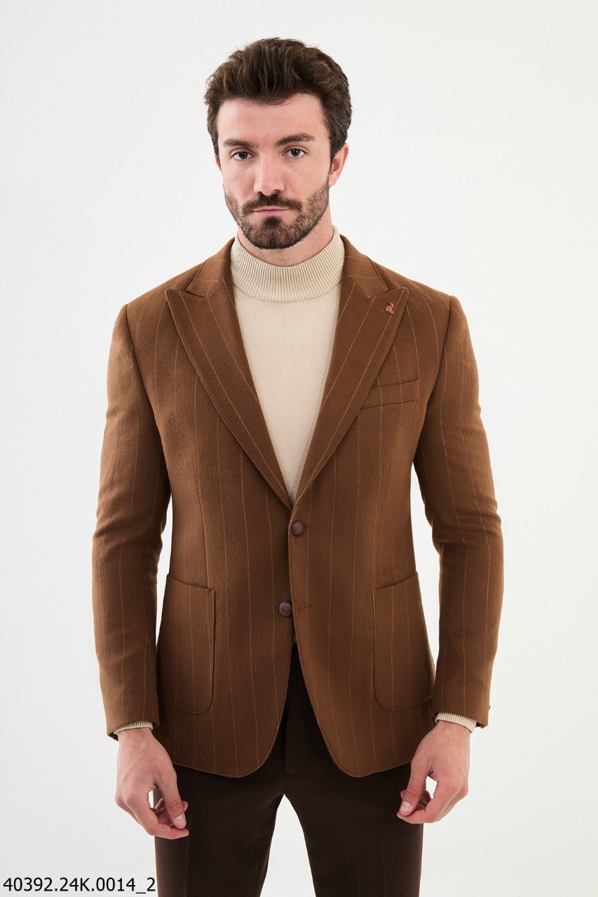 Camel Pinstripe Slim Fit Two-Button Casual Jacket