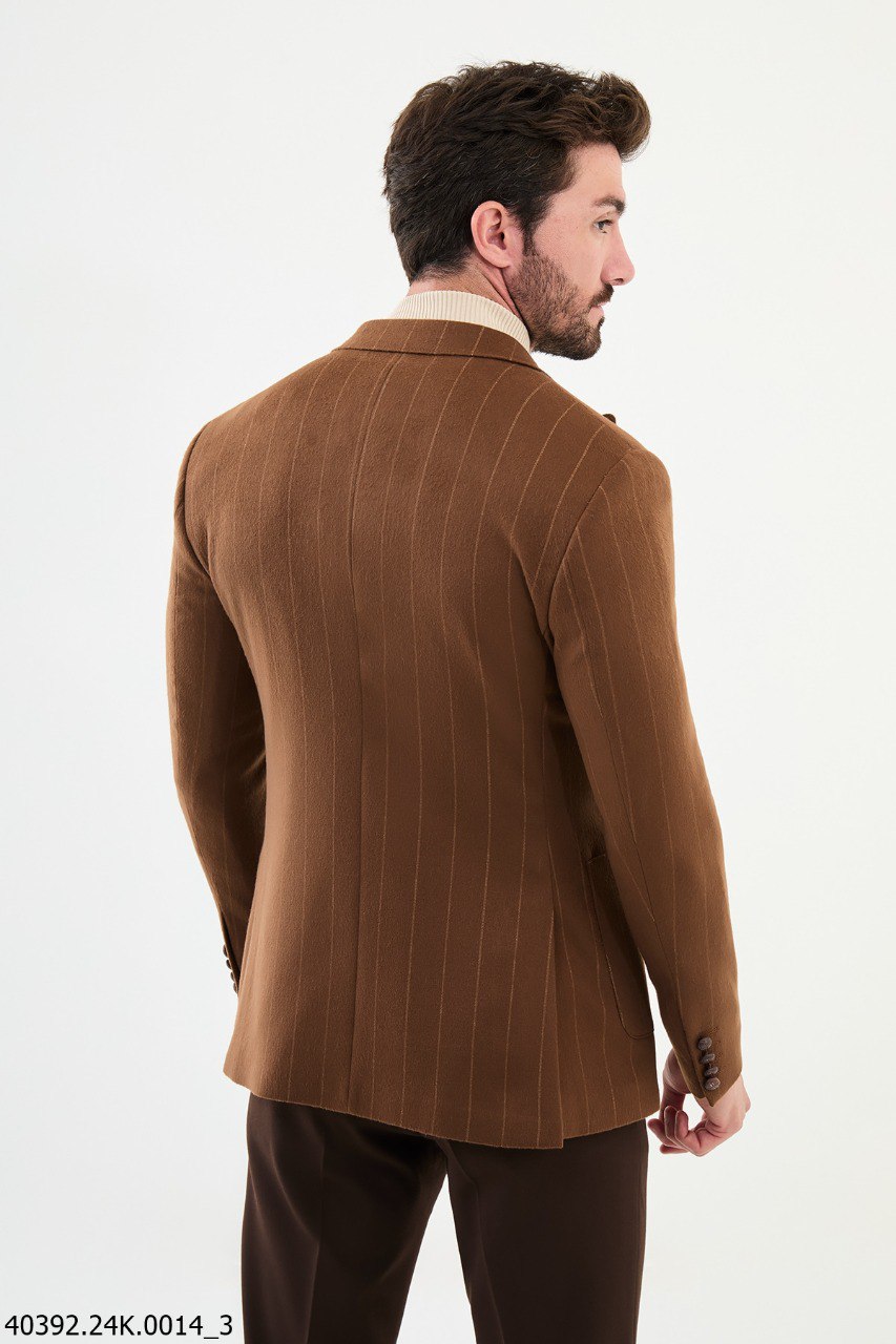 Camel Pinstripe Slim Fit Two-Button Casual Jacket