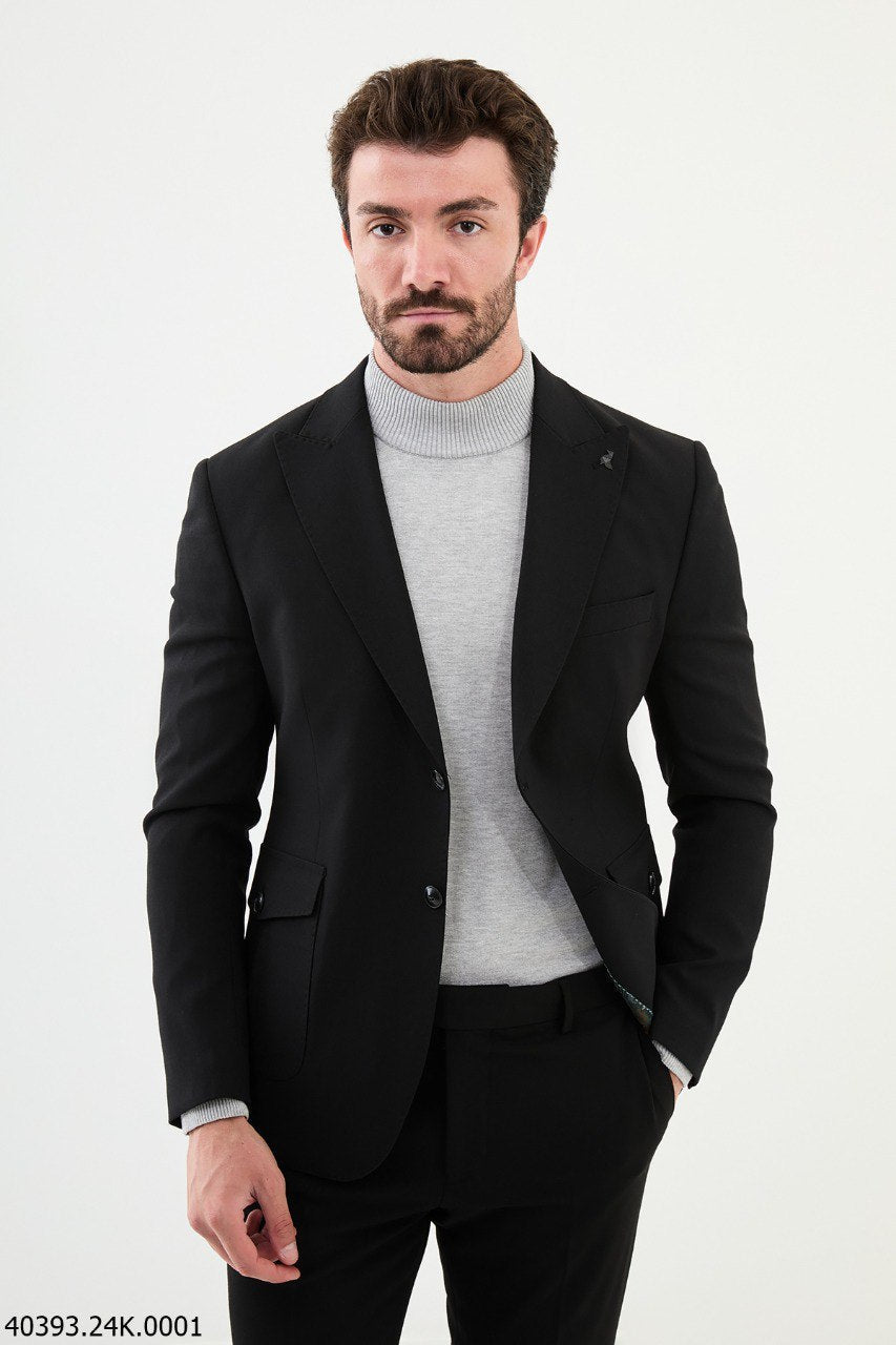 Black Slim Fit Three-Button Casual Jacket