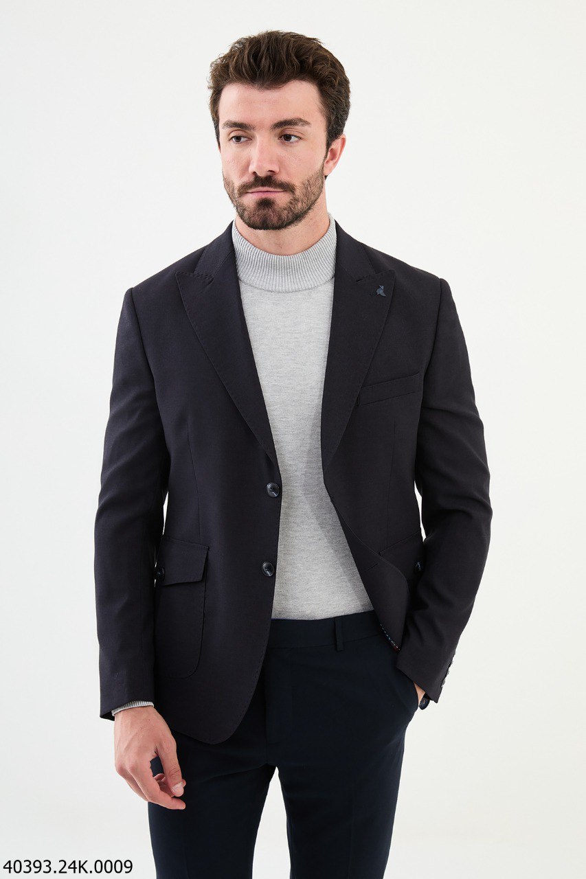 Dark Blue Slim Fit Two-Button Casual Jacket