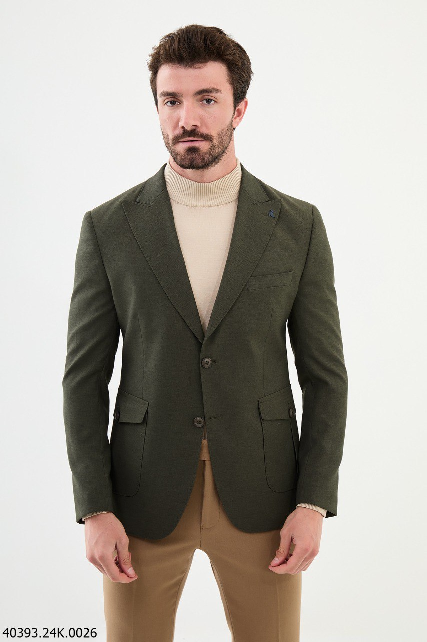 Green Slim Fit Two-Button Casual Jacket