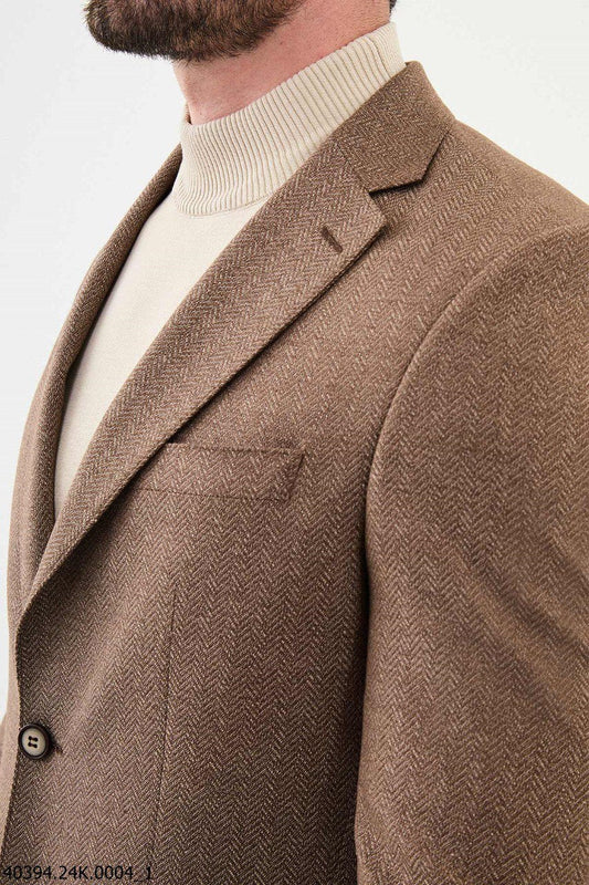 Brown Herringbone Slim Fit Casual Jacket – Two Button