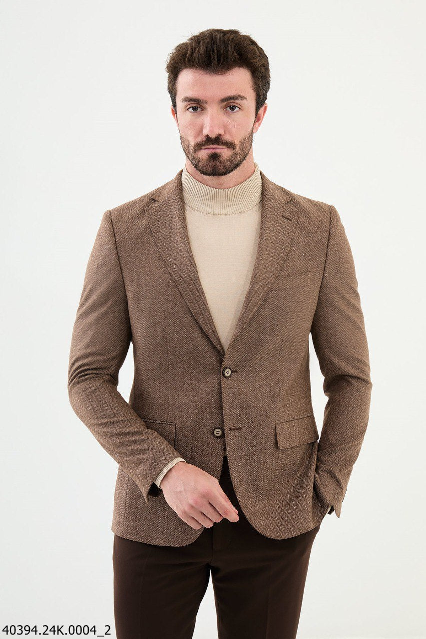 Brown Herringbone Slim Fit Casual Jacket – Two Button