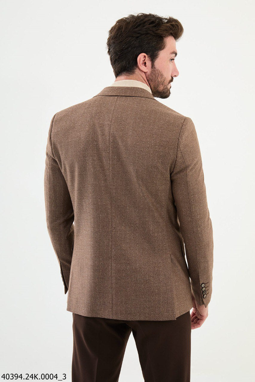 Brown Herringbone Slim Fit Casual Jacket – Two Button