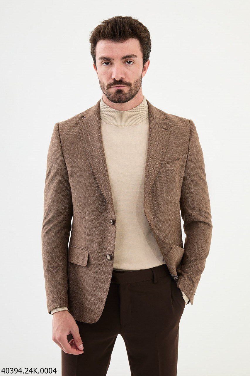 Brown Herringbone Slim Fit Casual Jacket – Two Button