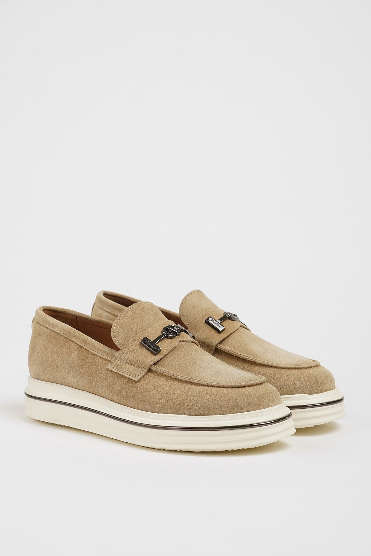 Beige Nubuck Leather Buckle Loafers