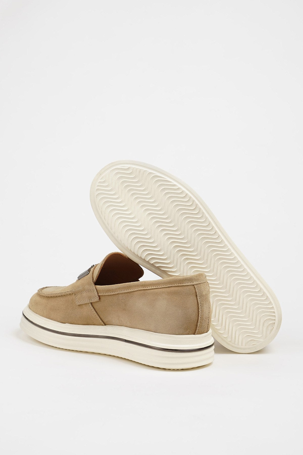 Beige Nubuck Leather Buckle Loafers
