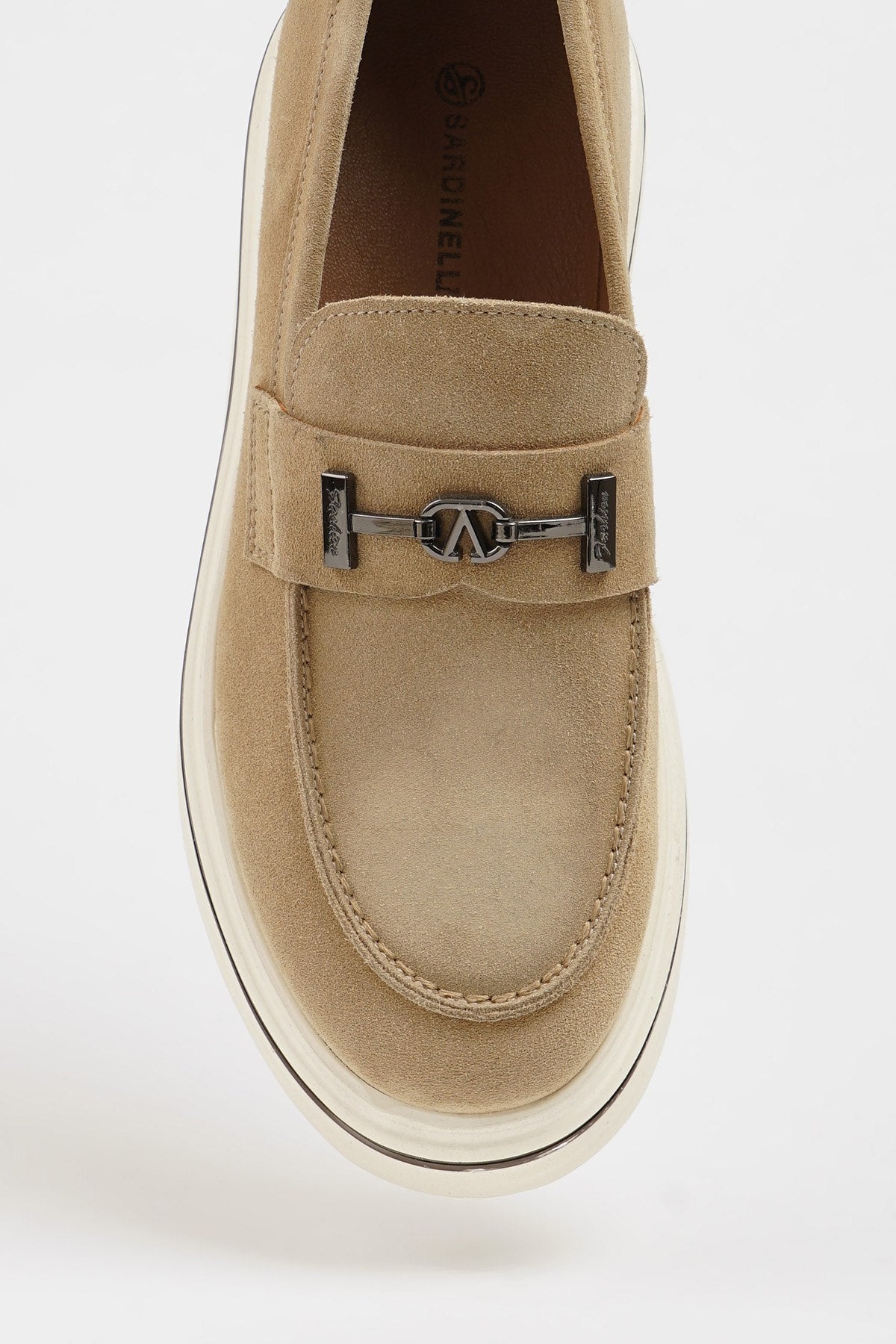 Beige Nubuck Leather Buckle Loafers